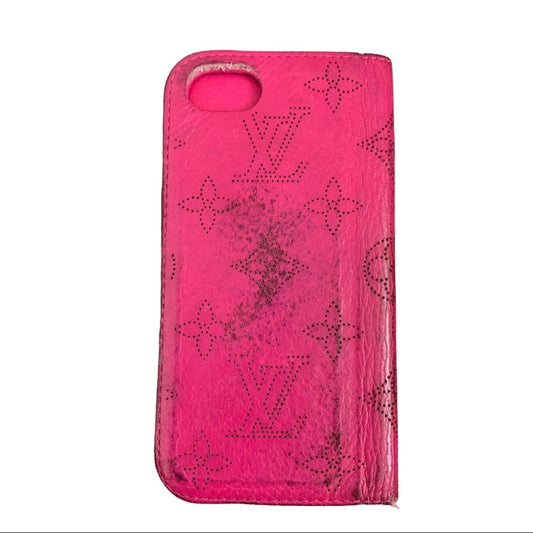 Pink phone case with floral and monogram pattern on a white background