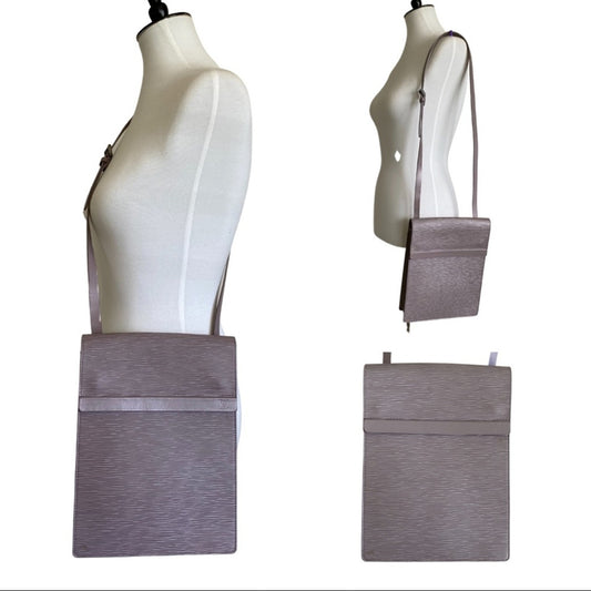 Purple crossbody bag on a mannequin with different angles displayed.