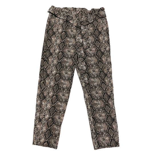 A pair of women's capri pants featuring a brown and black snakeskin pattern, displayed flat against a solid white background.
