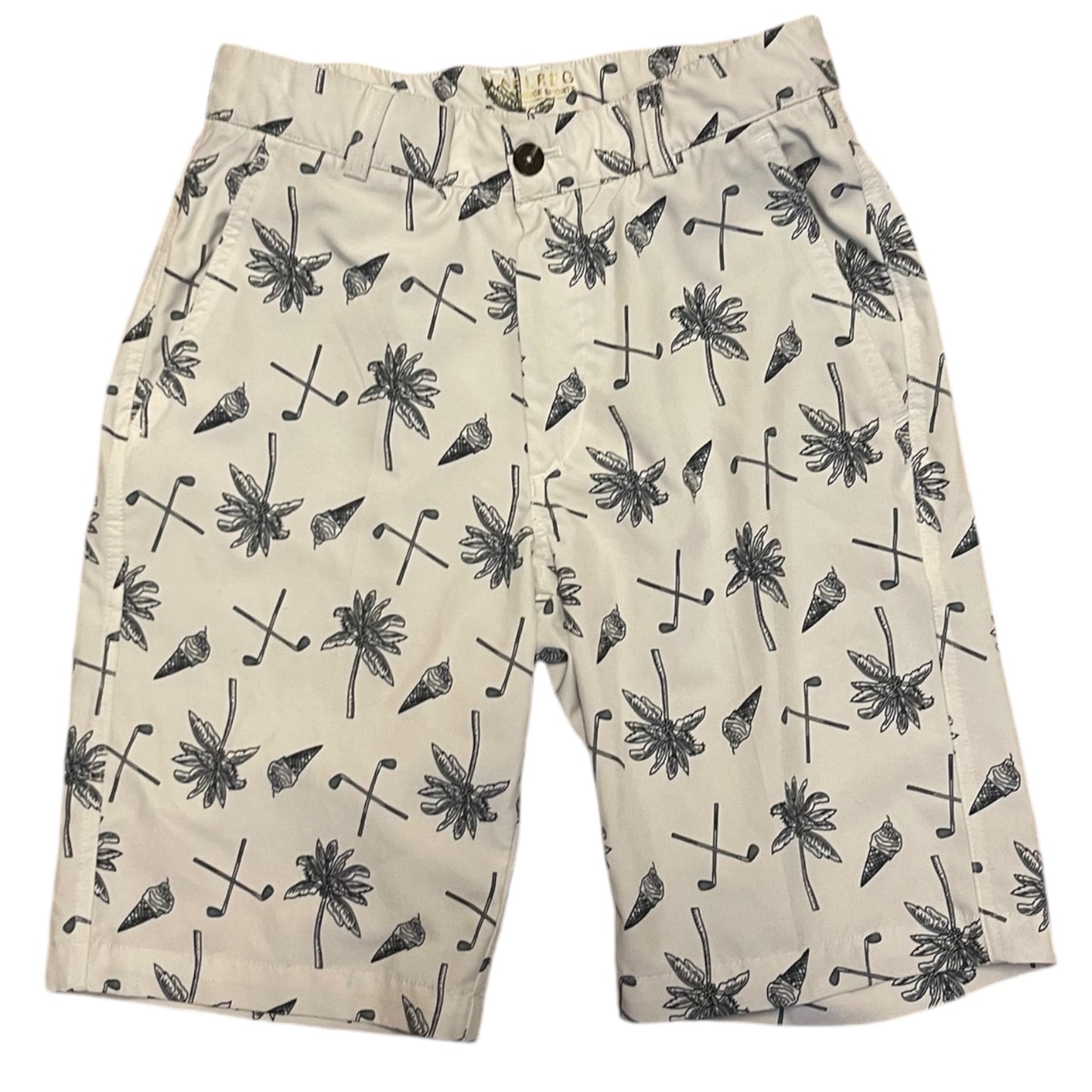 A pair of men's shorts in cream color, featuring an all-over print of palm trees, golf clubs, and golf balls. The shorts are laid flat against a white background.