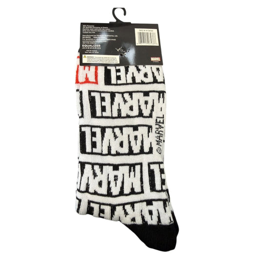 Marvel crew sock with a black and white repeating logo pattern, attached to a black retail hanger card, shown against a plain white background.