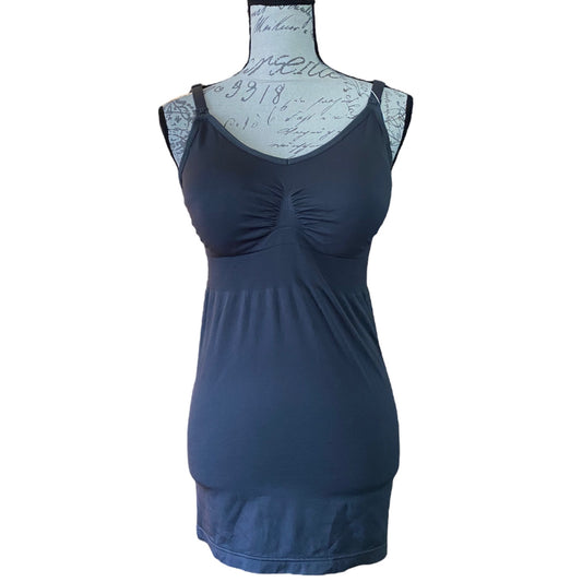 A sleeveless gray maternity nursing tank top displayed on a white mannequin torso with cursive writing, set against a plain white background.