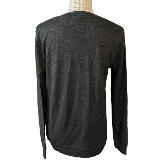 A dark gray heather long-sleeve shirt displayed on a mannequin torso against a plain white background.