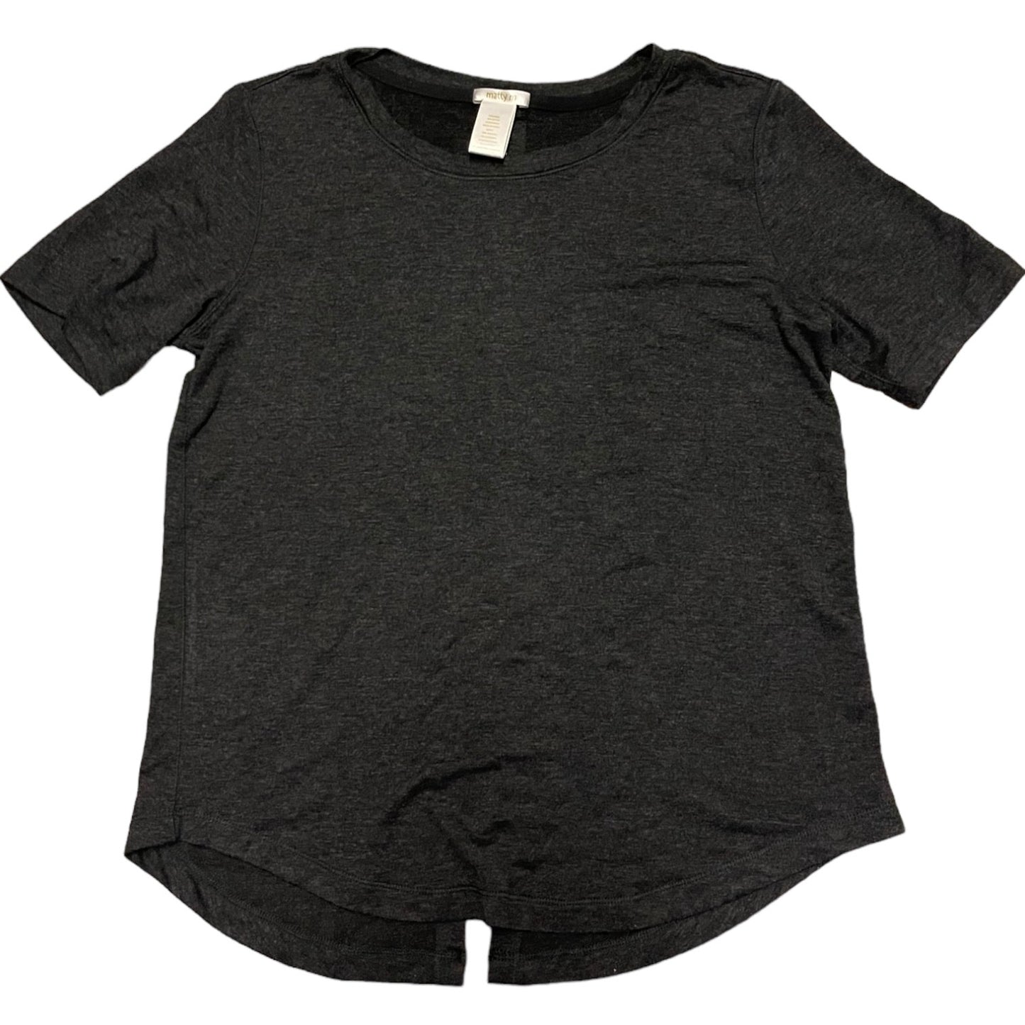 A dark charcoal gray short-sleeve crewneck t-shirt with a relaxed fit and a split curved hem, laid flat on a white background.