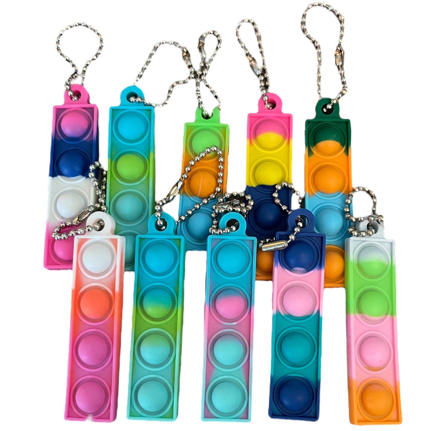 A set of colorful pop-it fidget keychains with silver ball chains, featuring various gradient and solid color designs in pink, blue, green, orange, and yellow.