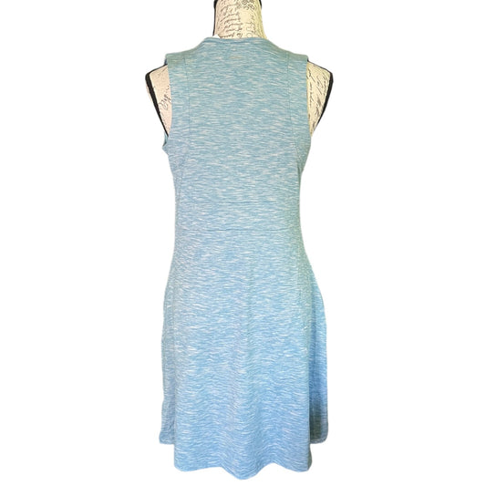 A sleeveless heathered light blue dress displayed on a mannequin torso against a plain white background.
