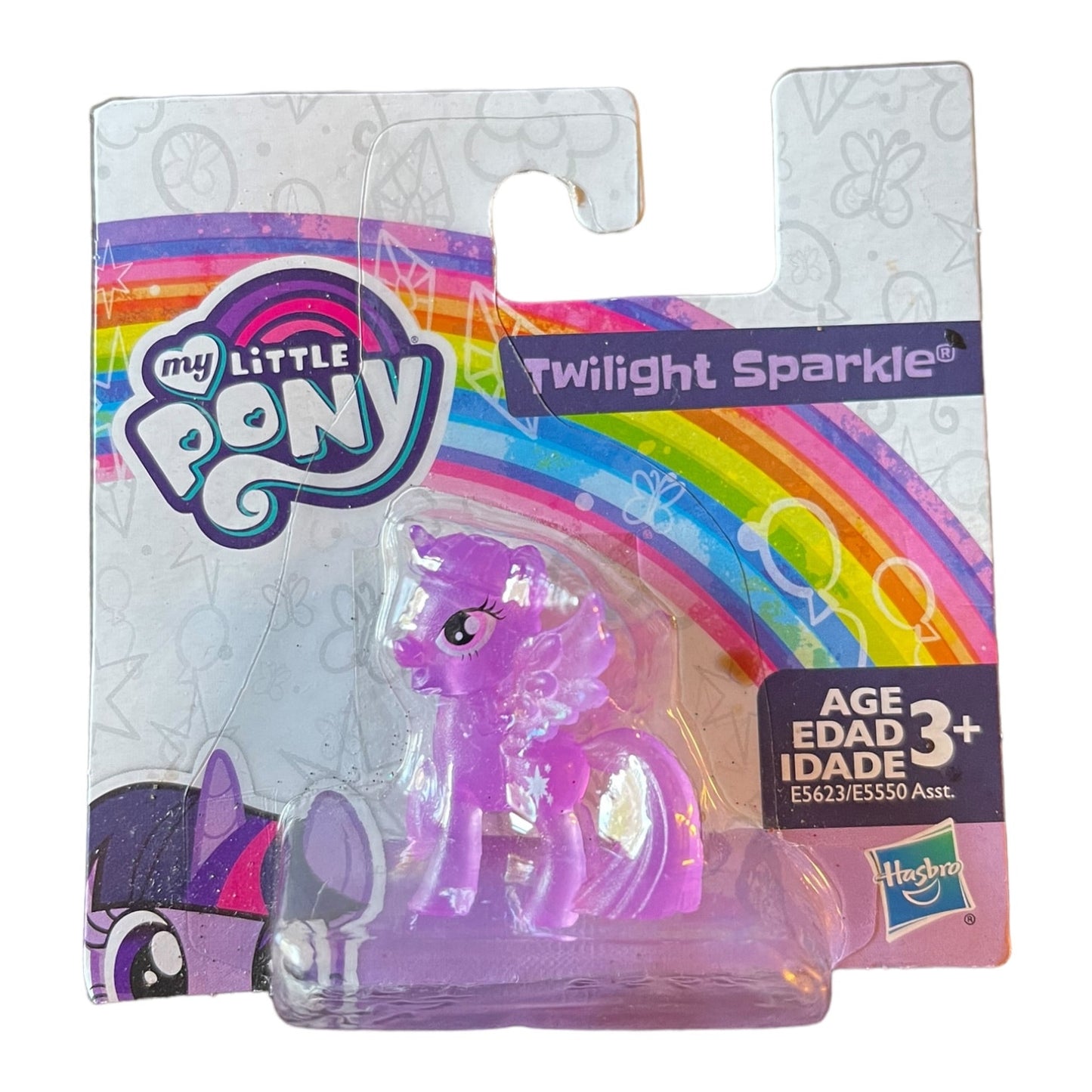 My Little Pony Twilight Sparkle plastic toy figure in its original retail blister packaging, featuring a purple pony with a pink and black mane on a white backing card with a rainbow graphic.