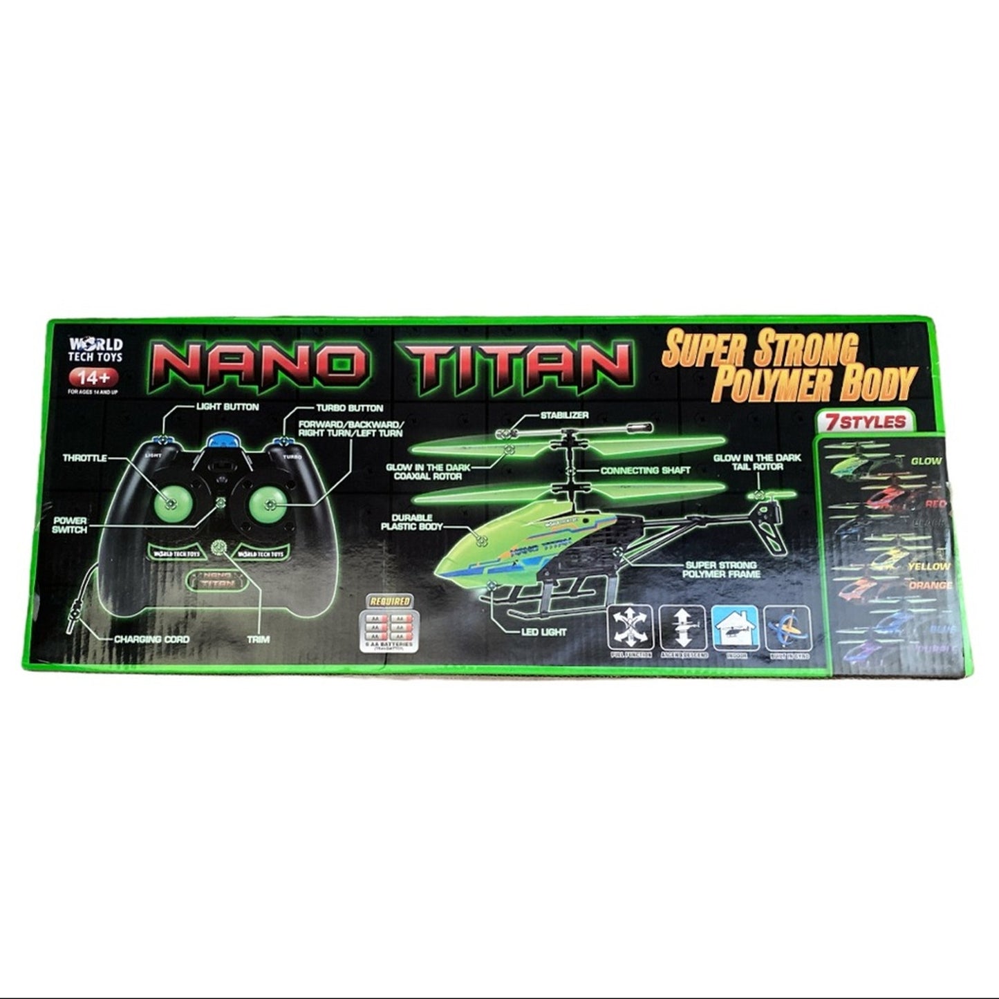 Nano Titan super strong polymer body remote control toy helicopter in its original retail packaging, featuring a green and black helicopter illustration, a controller diagram, and product specifications on a white background.