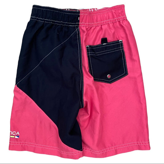 Pink and navy shorts with a pocket on a white background