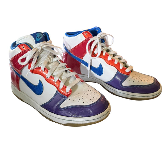 Front side of Colorful sneakers with a prominent brand logo on a white background
