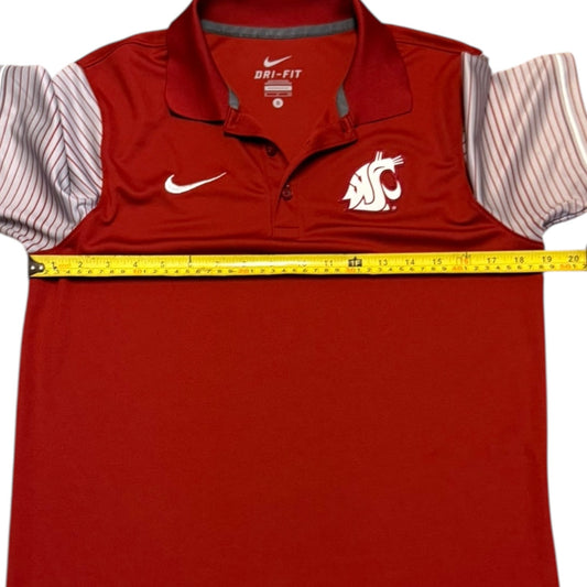 Red Nike Dri-FIT polo shirt with a measuring tape on a white background