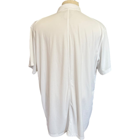 A white short-sleeve collared shirt shown from the back on a mannequin torso against a plain white background.