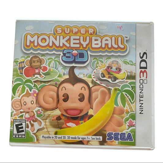 Front of Super Monkey Ball 3D game box for Nintendo 3DS with colorful design and monkey character.