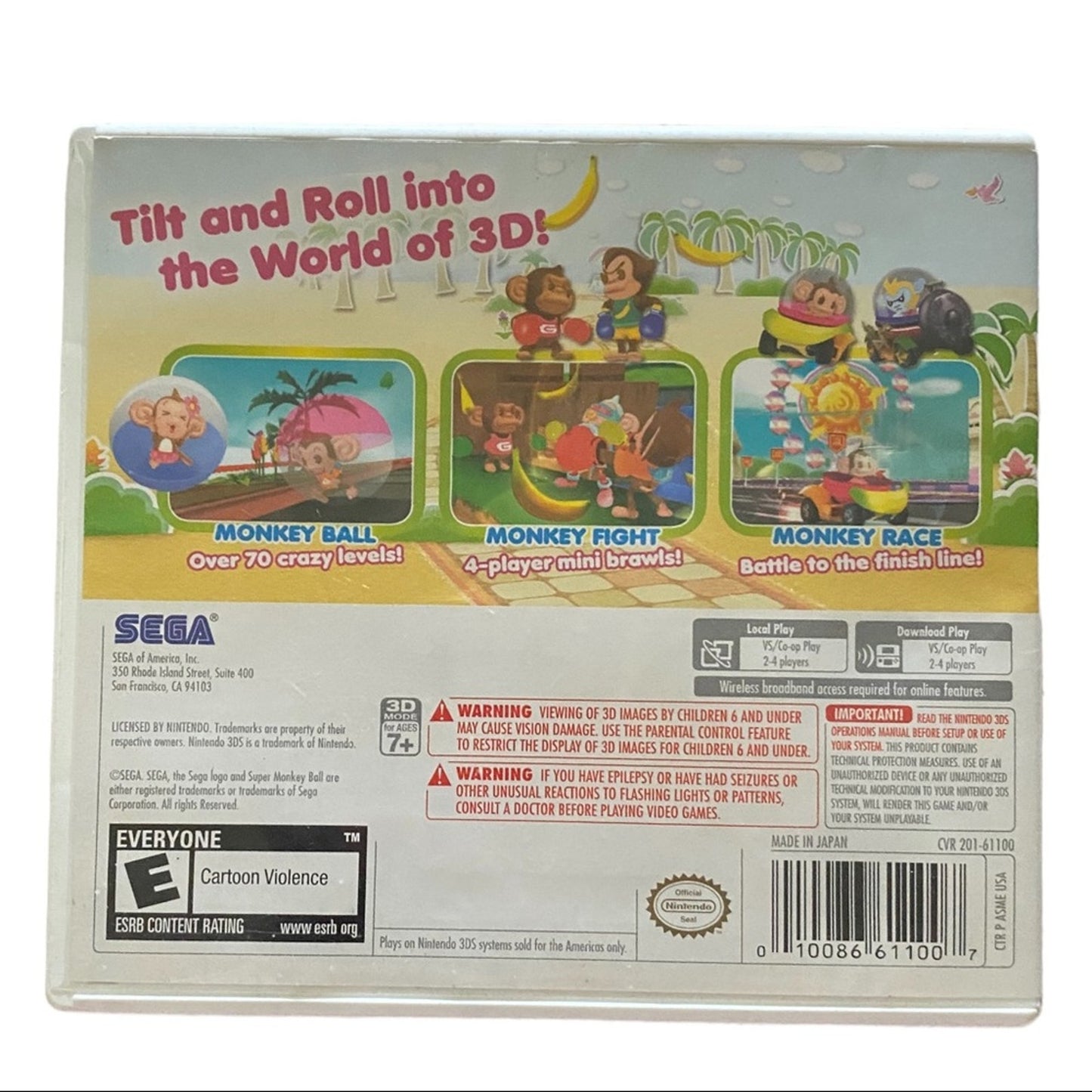 Back of a video game box featuring Sega's 'Monkey Ball' with colorful graphics and text.