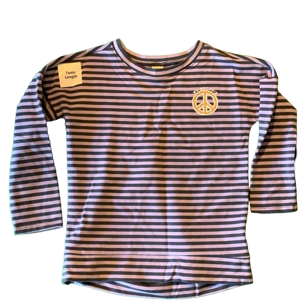 A long-sleeve kids' shirt with horizontal gray and purple stripes, featuring a gold peace sign graphic on the left chest .
