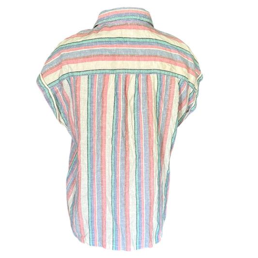 A short-sleeve button-up shirt with vertical stripes in pastel pink, light blue, mint green, and cream, shown from the back on a white background.