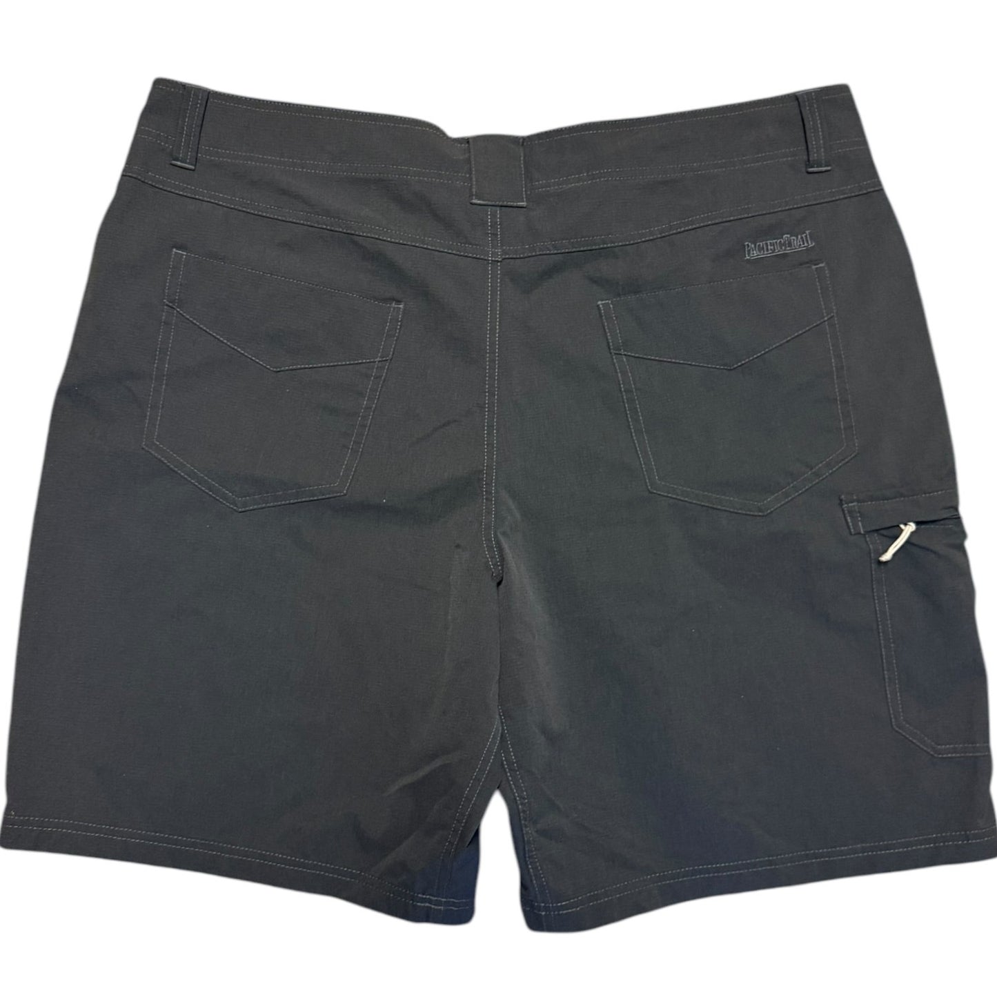 Gray hiking shorts shown from the back, featuring two large rear patch pockets and a zippered pocket on the lower right leg.