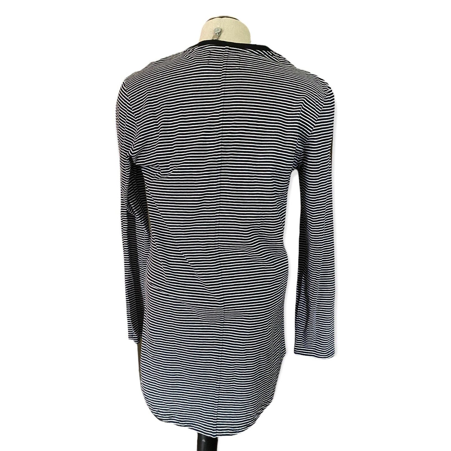 A long-sleeve black and white horizontally striped shirt displayed on a mannequin torso against a plain white background.