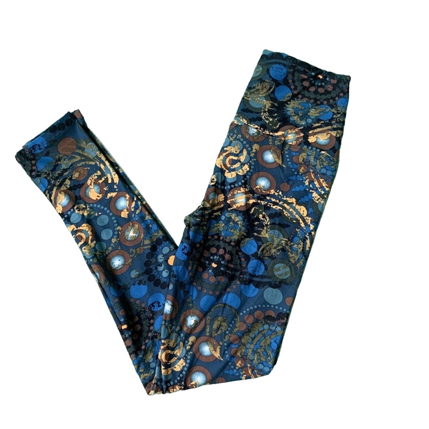 Blue brown patterned leggings on a white background