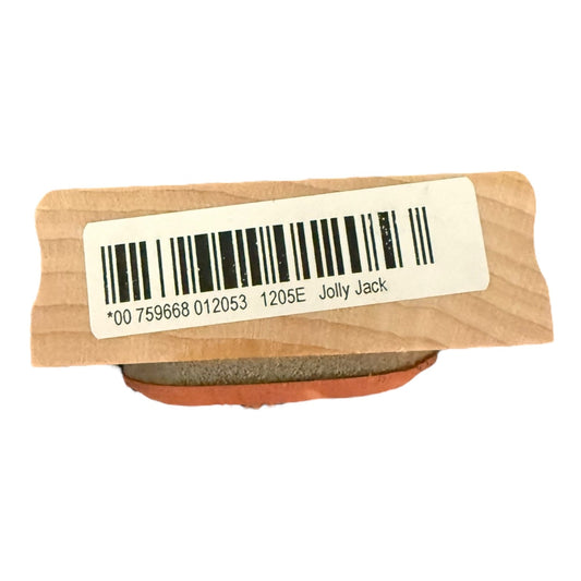 Bar code label on a wooden block with 'Jolly Jack' branding.