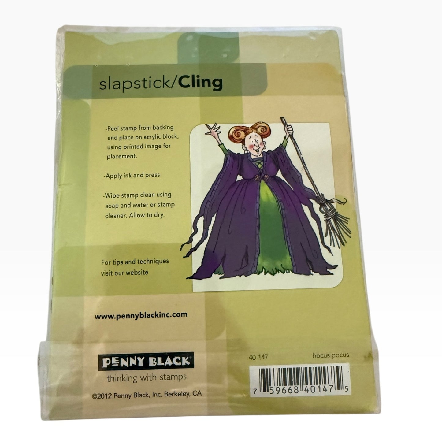 Penny Black slapstick/Cling craft stamp in its original plastic packaging, featuring a witch illustration on the back of the card.