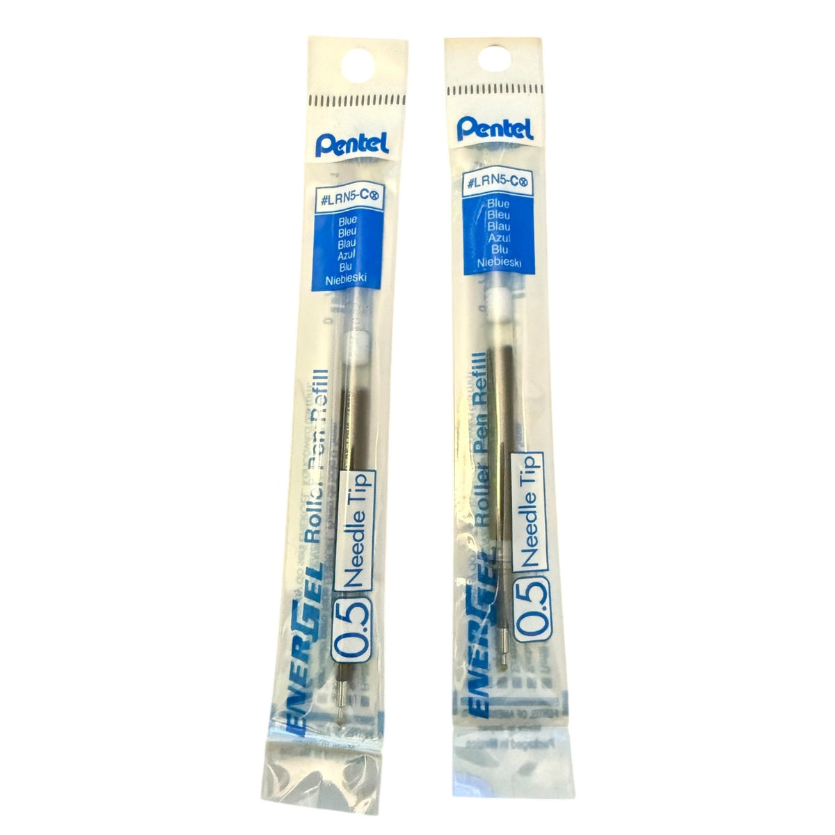 2 Pentel blue 0.5 needle point pen ink refills on a white background