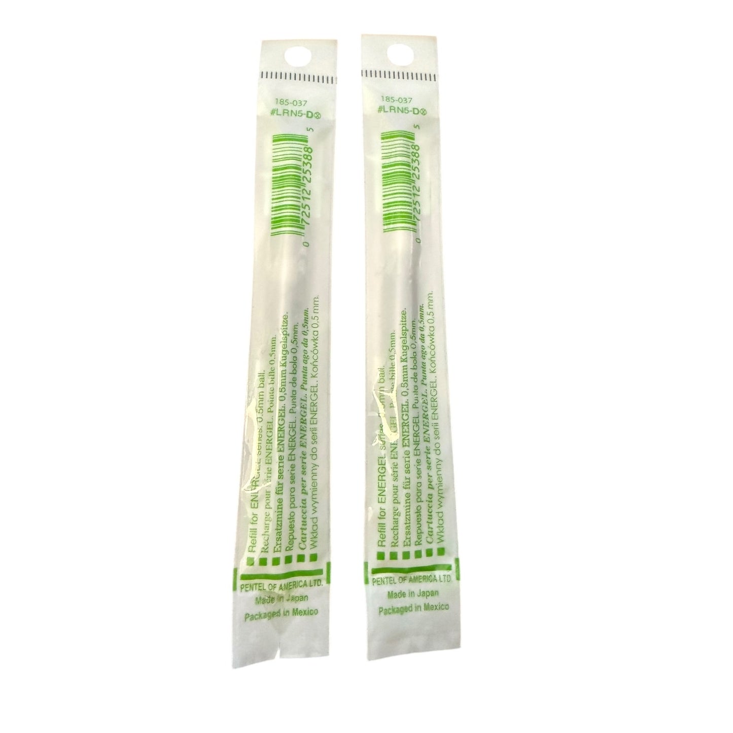 Two Pentel FL-N10-05 Energy 0.5 Needle Tip refill cartridges in their original clear plastic packaging with green and white branding, set against a plain white background.