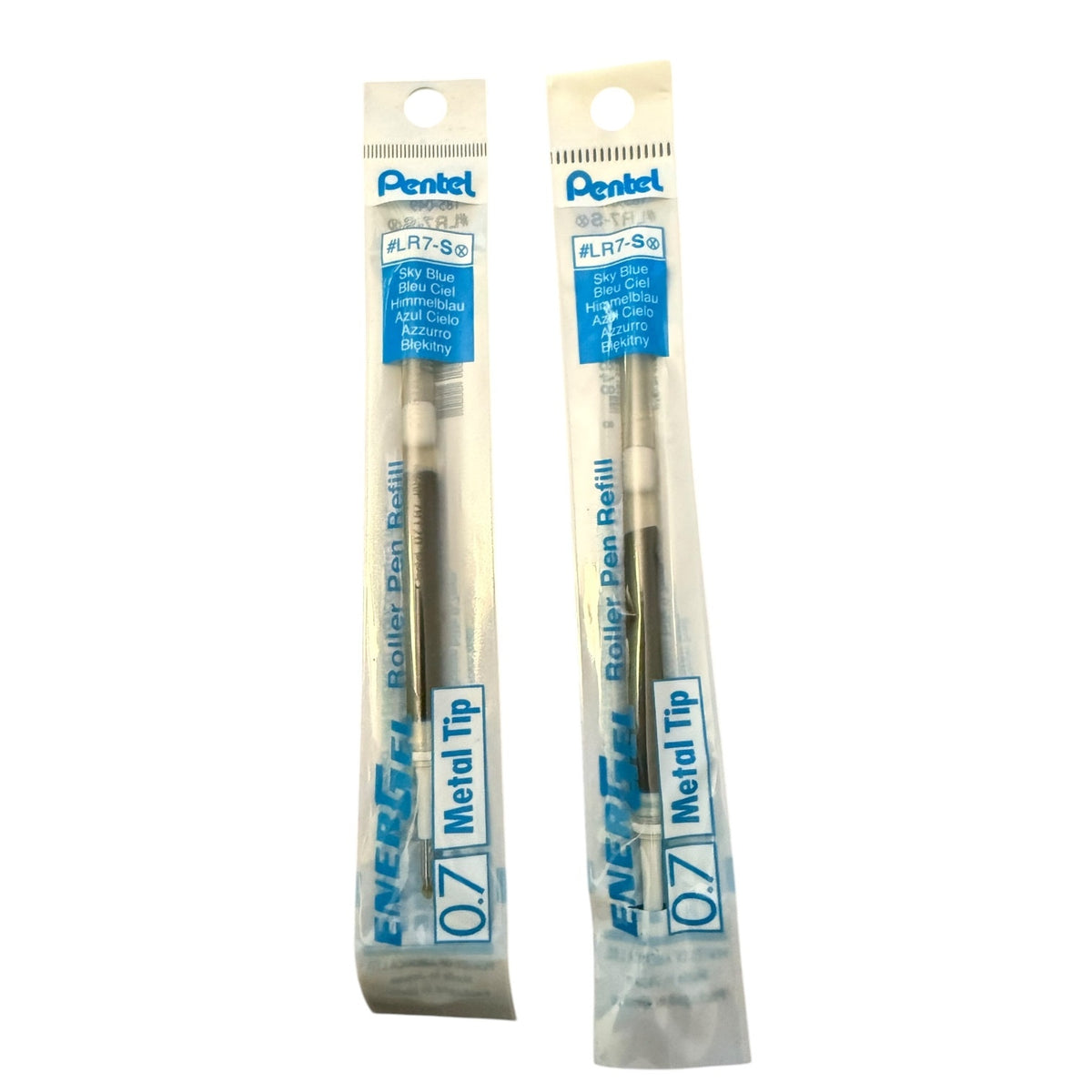 Two Pentel EnerGel roller pen refill metal tips in clear plastic packaging with blue and white labeling, shown on a plain white background.