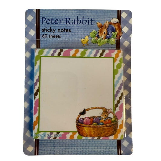 Peter Rabbit themed sticky notes pack with 60 sheets, featuring illustrations of Peter Rabbit, a yellow bird, and Easter eggs, with a blue and white checkered border.