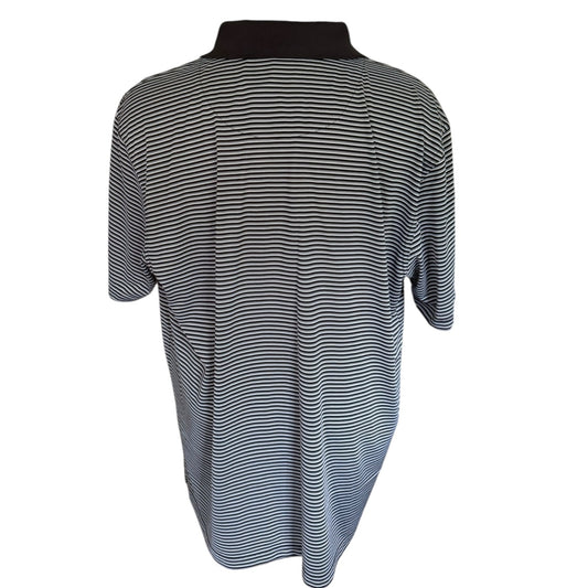 A short-sleeve polo shirt with thin horizontal black and white stripes, shown from the back against a plain white background.