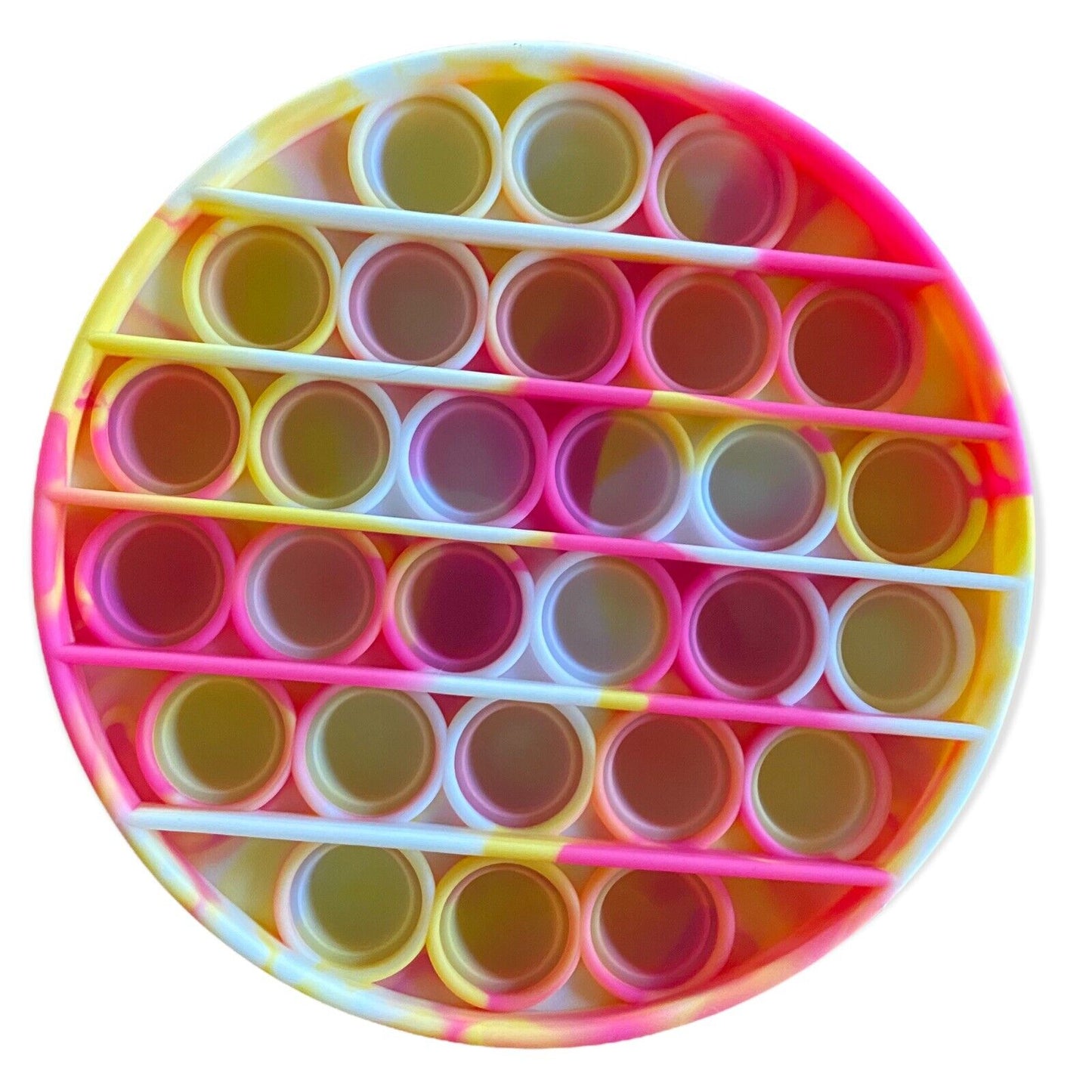 A circular toy with multiple rows of circular bubbles, featuring a vibrant neon tie-dye pattern of pink, yellow, orange, and white on a plain white background.