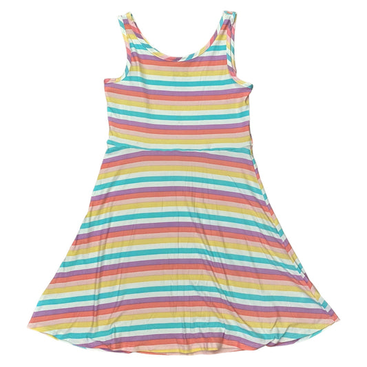 A sleeveless A-line dress with horizontal pastel rainbow stripes in pink, orange, yellow, green, blue, and purple on a white background.
