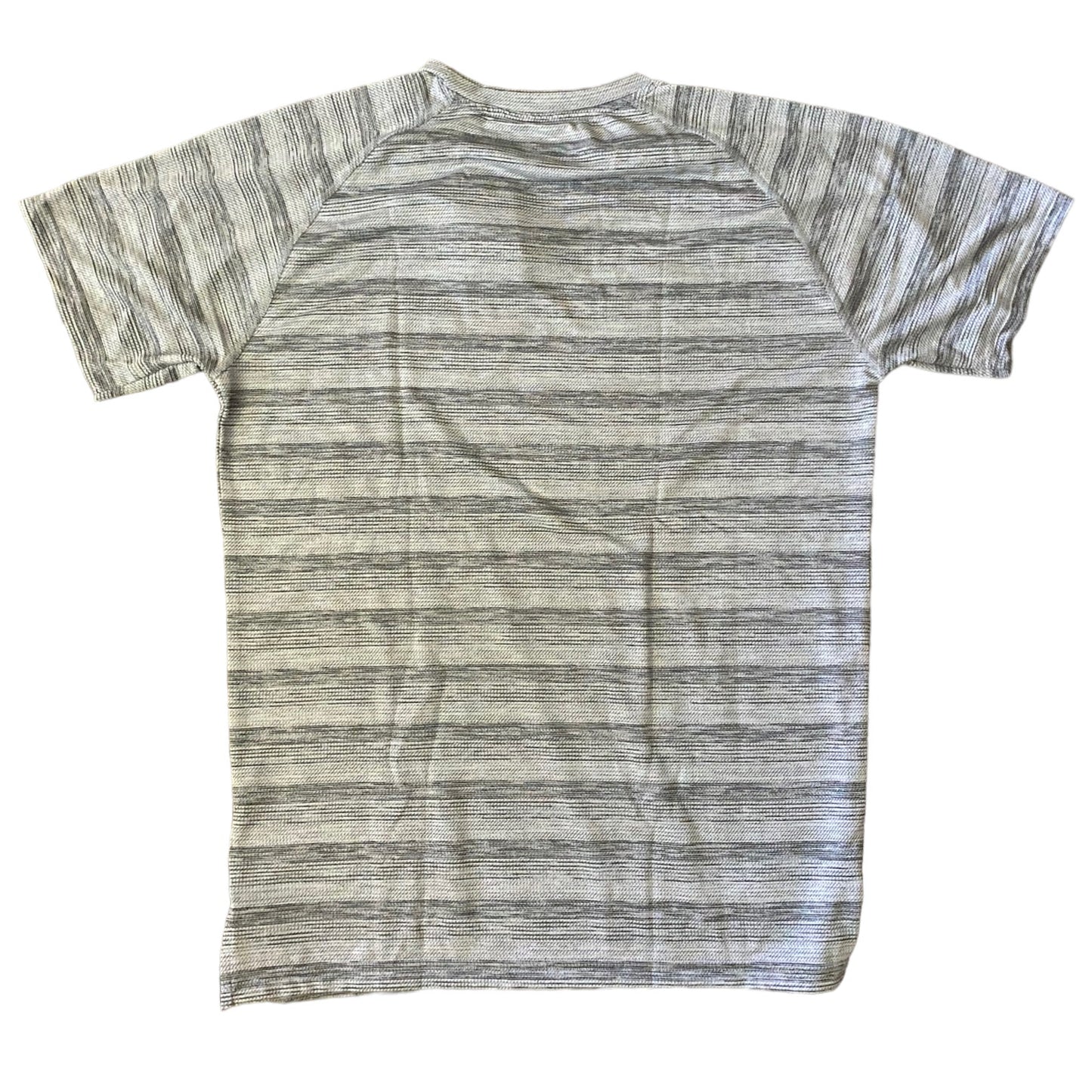 A short-sleeve shirt with a heathered gray and white horizontal stripe pattern, laid flat against a white background.