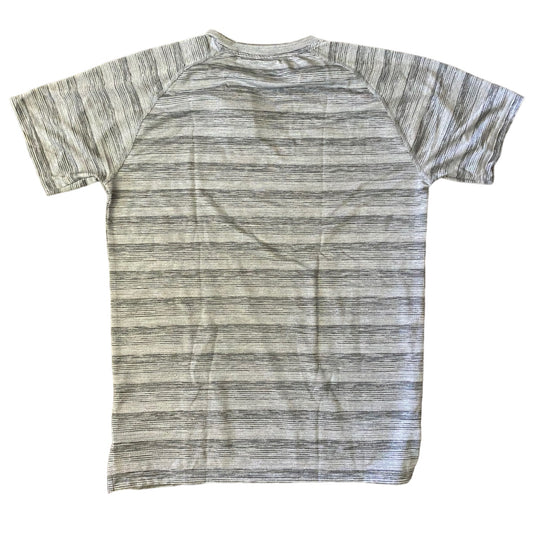A short-sleeve shirt with a heathered gray and white horizontal stripe pattern, laid flat against a white background.