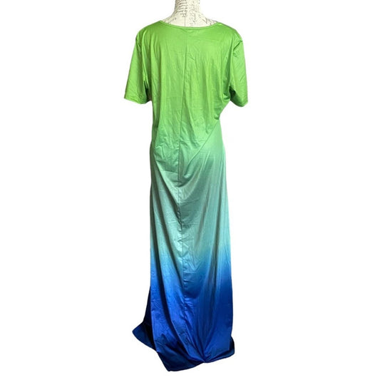 Back of Green to blue gradient dress on a mannequin against a white background