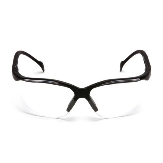 Black safety glasses with clear lenses, shown from the front on a white background.
