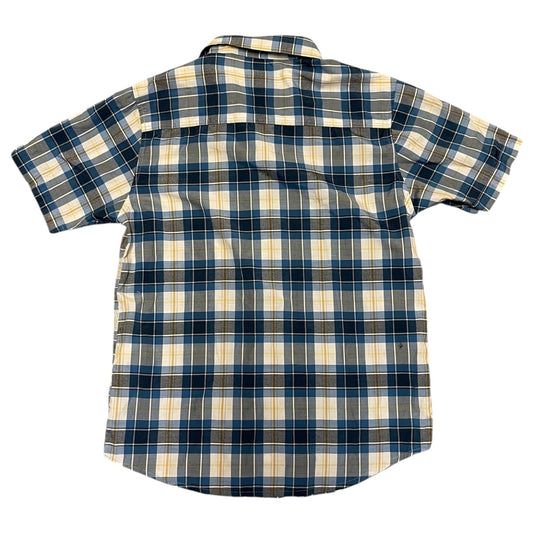 A short-sleeve plaid button-up shirt shown flat against a white background.