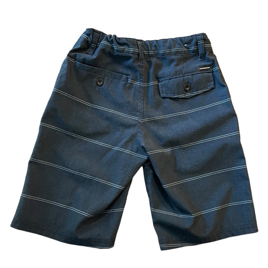A pair of blue shorts with thin white horizontal stripes, featuring a buttoned back pocket and a visible Patagonia brand tag on the pocket.