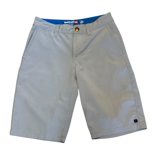 A pair of light gray chino shorts with a blue inner waistband and a gold button, shown flat on a white background.