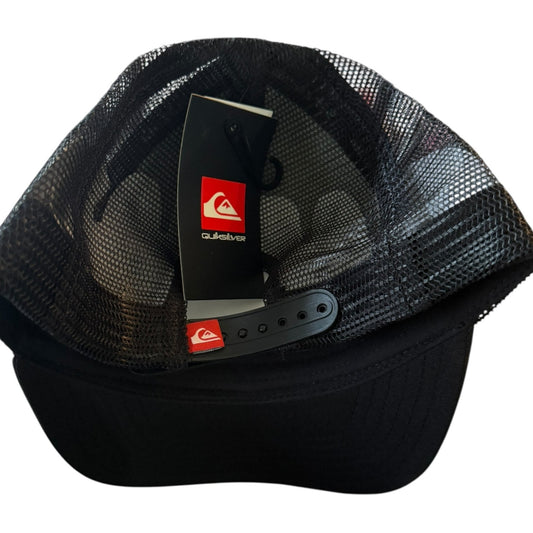 Back of black hat showing snaps and mesh with tags on a white back ground