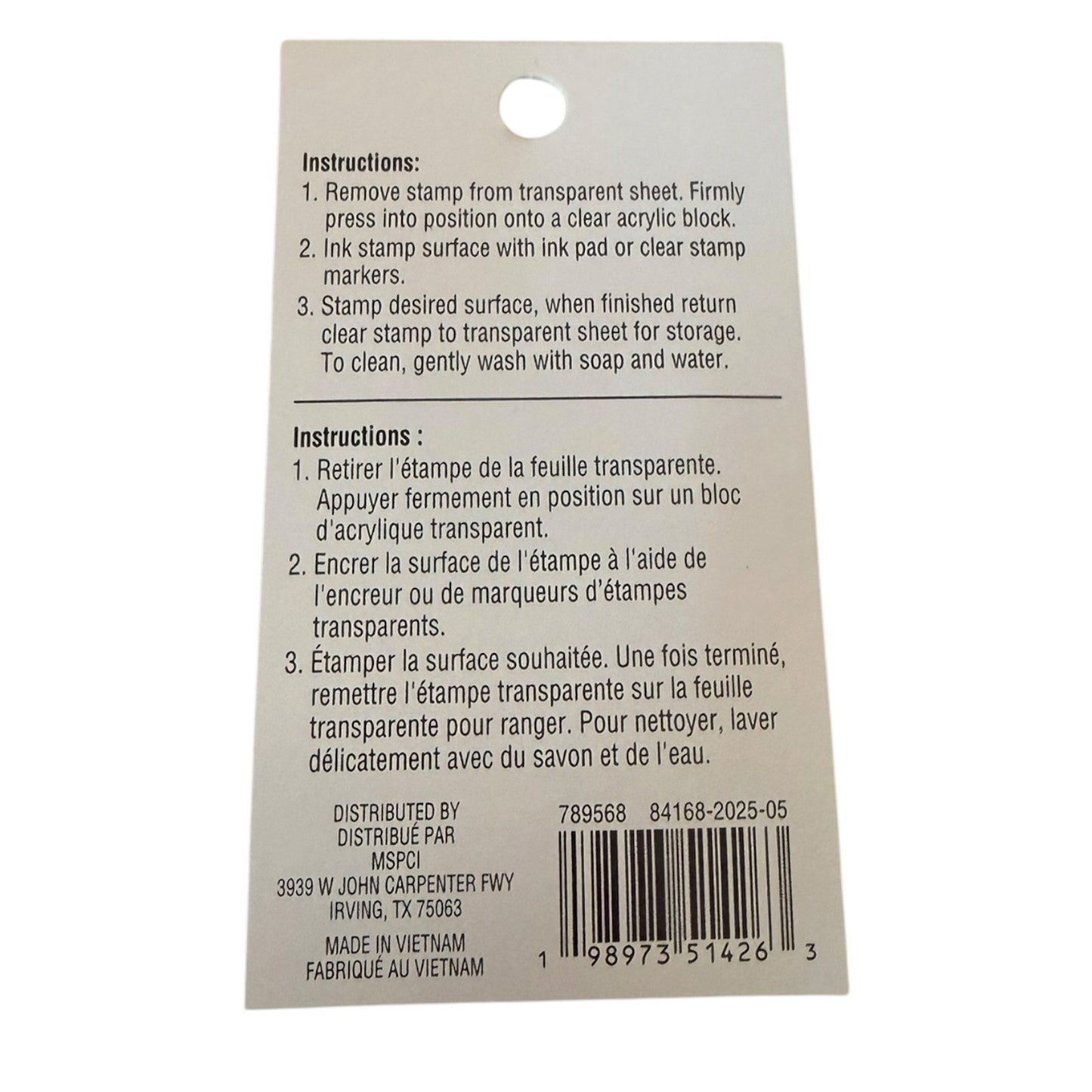 Back side of a stamping instruction card showing printed usage instructions in English and French, a barcode, and distributor text including MSPI and Made in Vietnam.