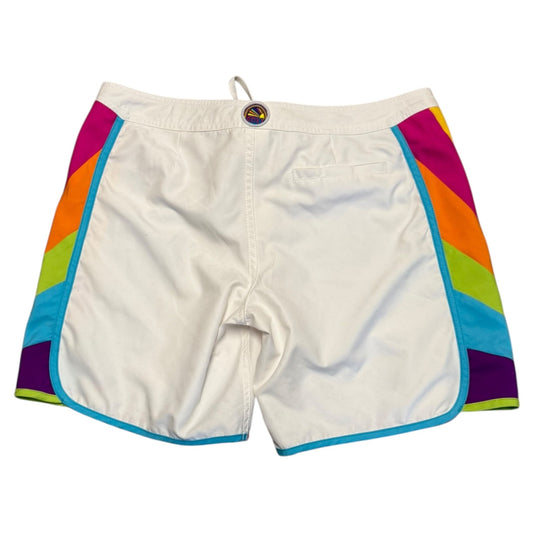 Back of white shorts with colorful trim on a white background