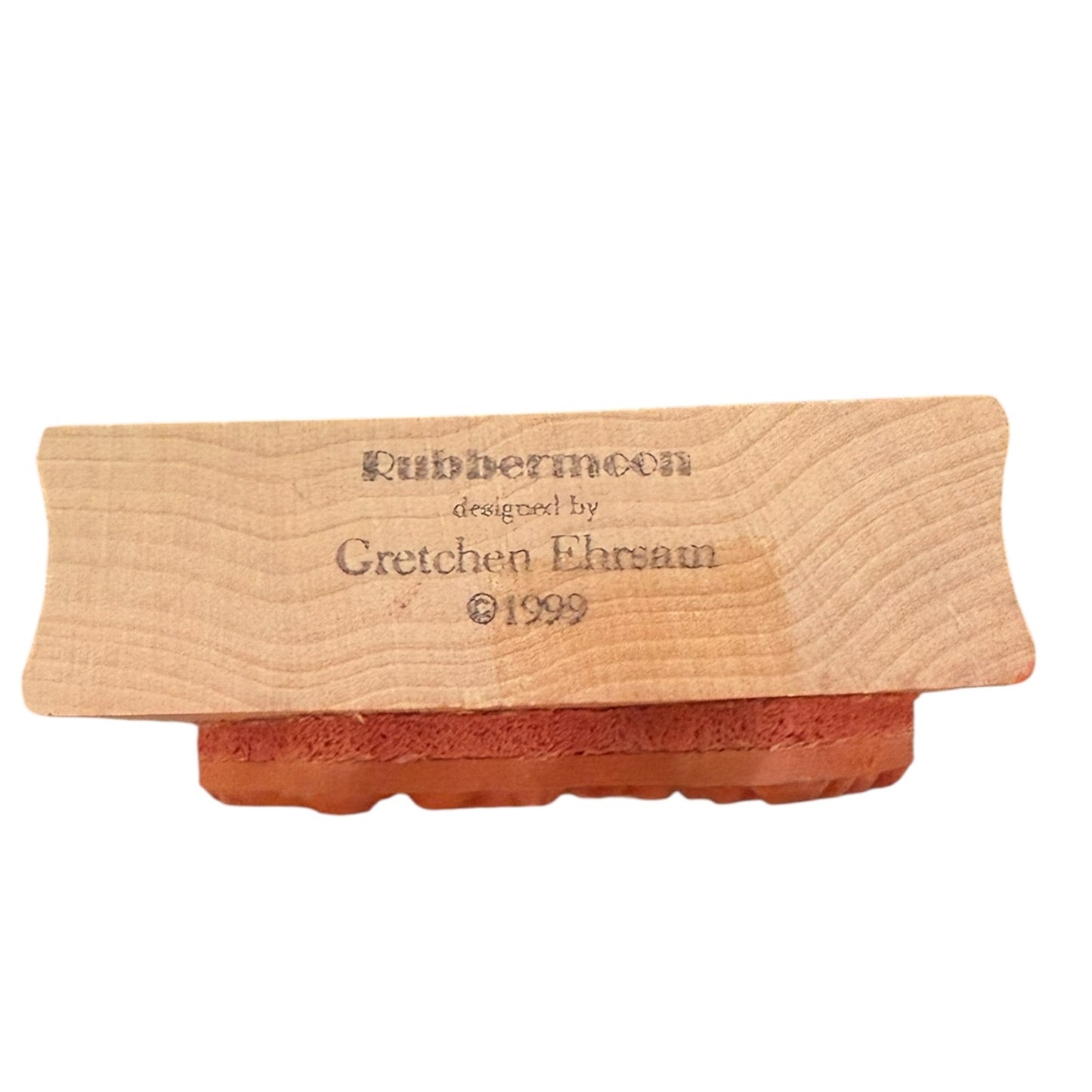 Wooden stamp with red ink pad on a white background, featuring 'Rubbermoon' branding.