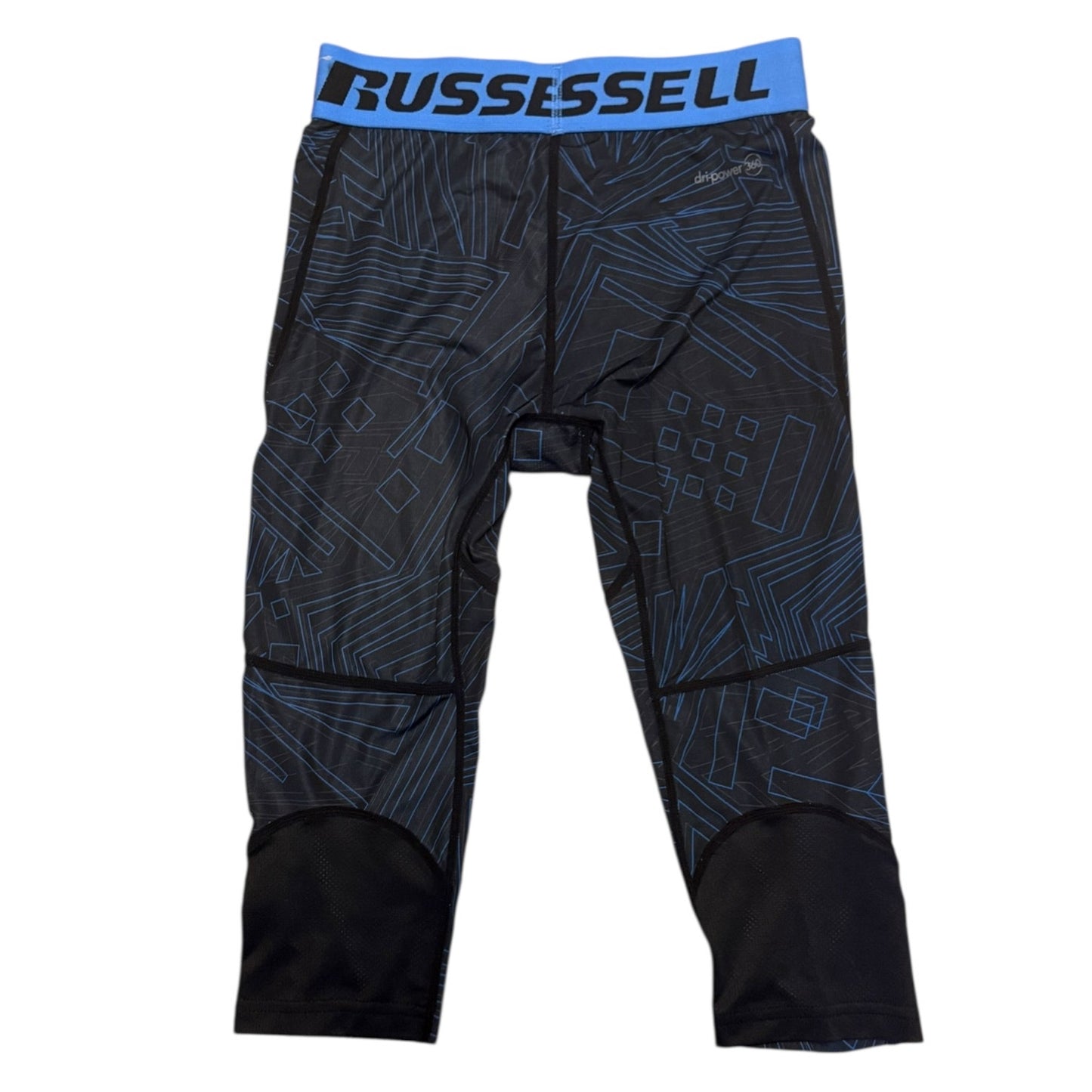 Black compression pants with geometric pattern and blue waistband on a white background