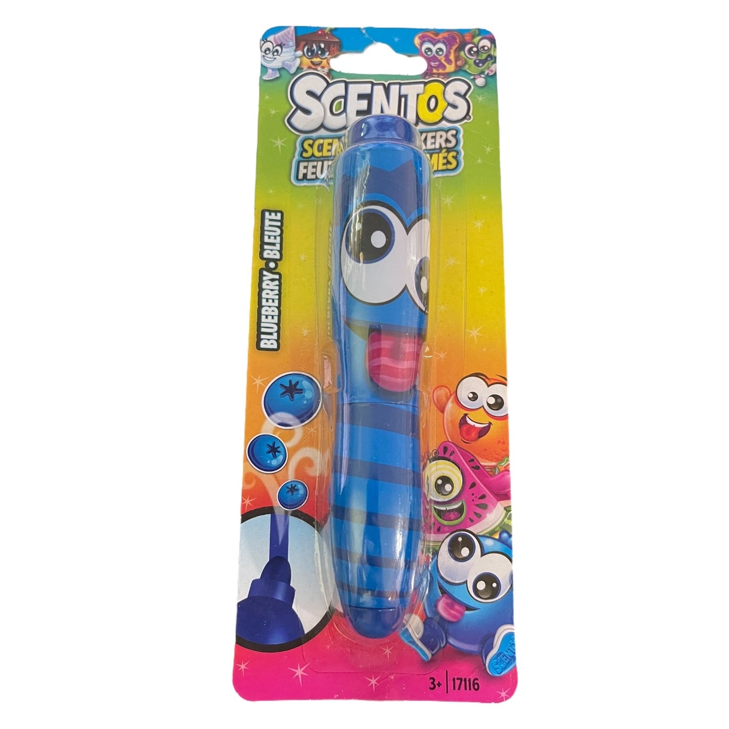 A Scentos Scented Markers pen in its original blister card packaging, featuring a blue cartoon character design and colorful gradient background.