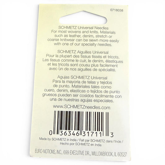 Back of a Schmetz needle packaging with text and barcode
