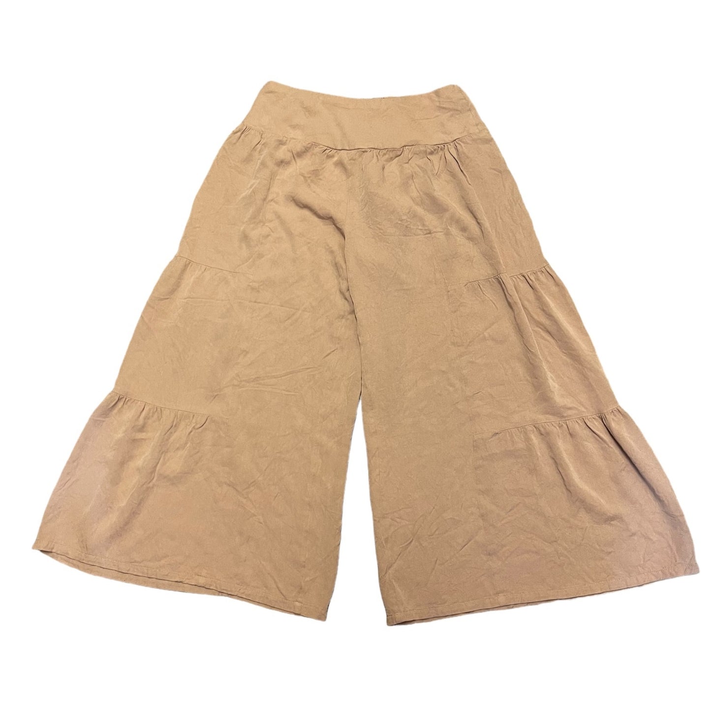A pair ofgaucho pants with a wide waistband, laid flat on a white background.