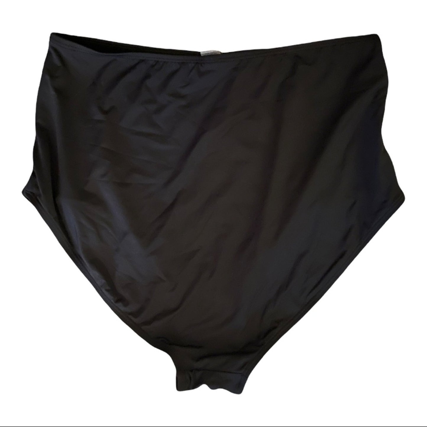 A pair of black high-waisted bikini bottoms laid flat against a white background.