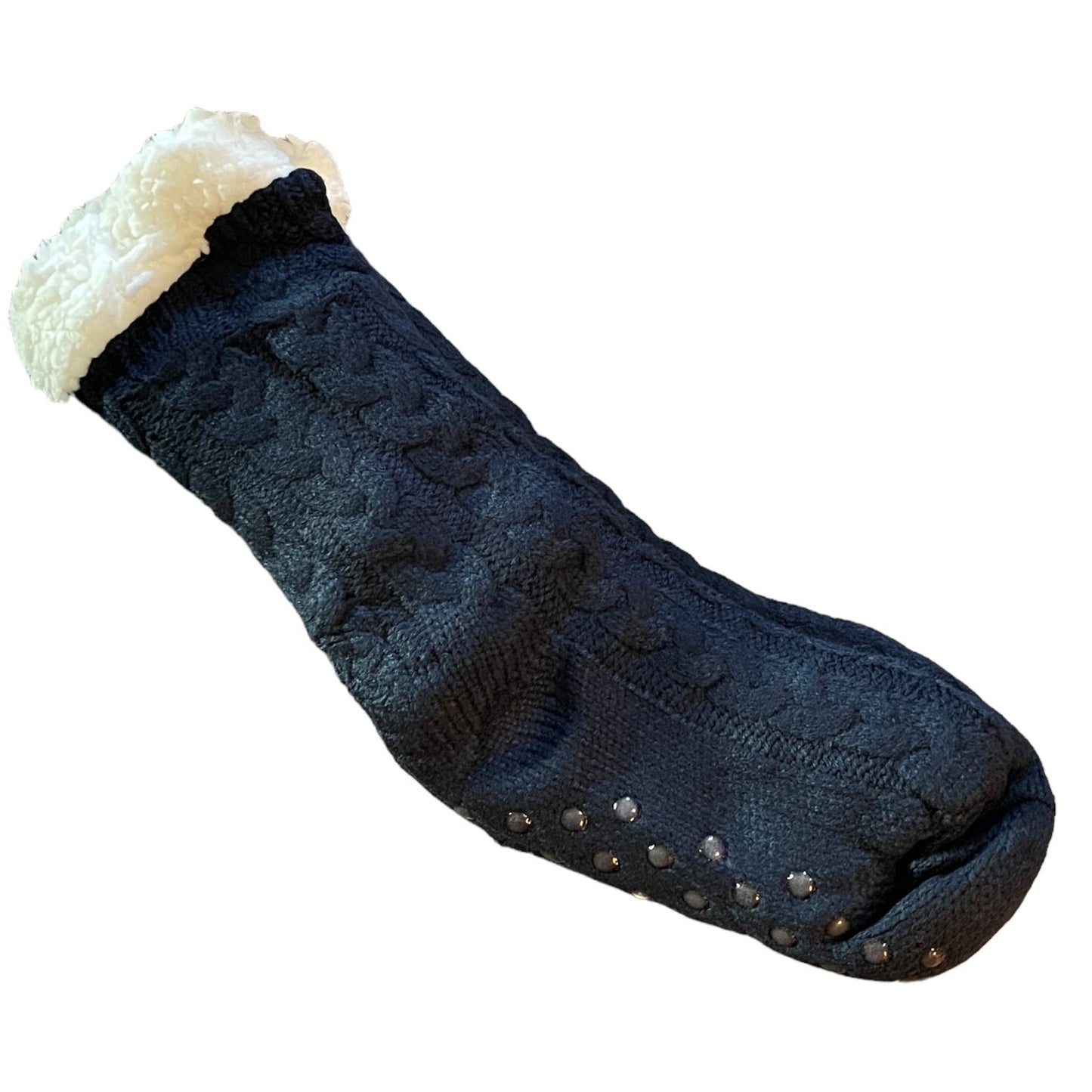 Dark blue sock with white cuff on a white background