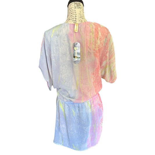 A swimsuit cover up displayed on a mannequin from the back, featuring a short-sleeve dress with a pastel tie-dye pattern in pink, blue, purple, and yellow.